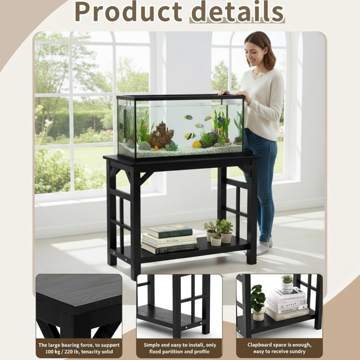 20 Gallon Fish Tank Stand, Solid Wood Heavy Duty Aquarium Terrarium Stand for Home Office Fish Tank Shelf Table, Black, 25.5 x 14 x 24.4 Inch