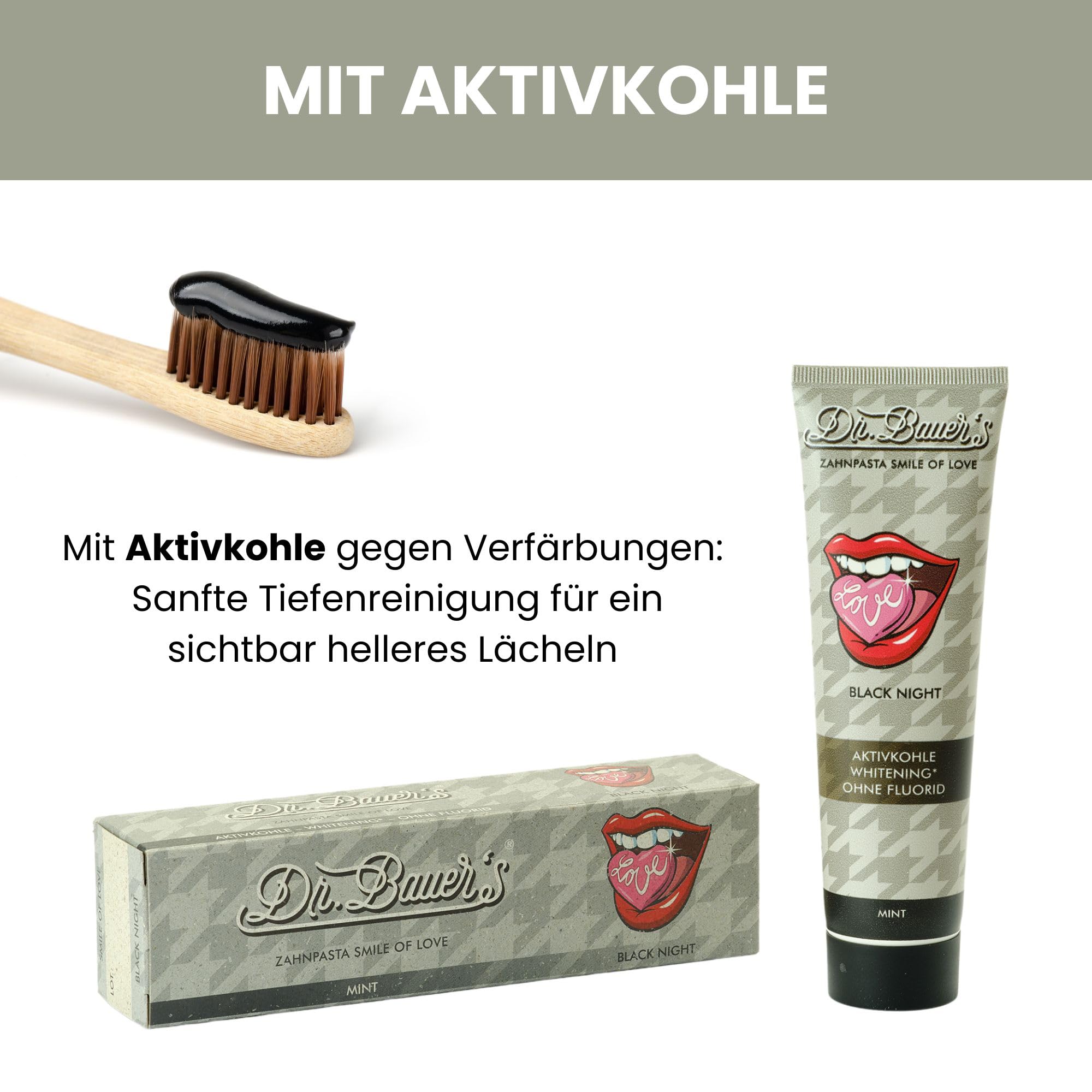Dr. Bauer's Smile of Love Black Night Zahnpasta, 90 ml (1er Pack) | Fluoridfrei mit Aktivkohle & Minze für sanfte Zahnaufhellung