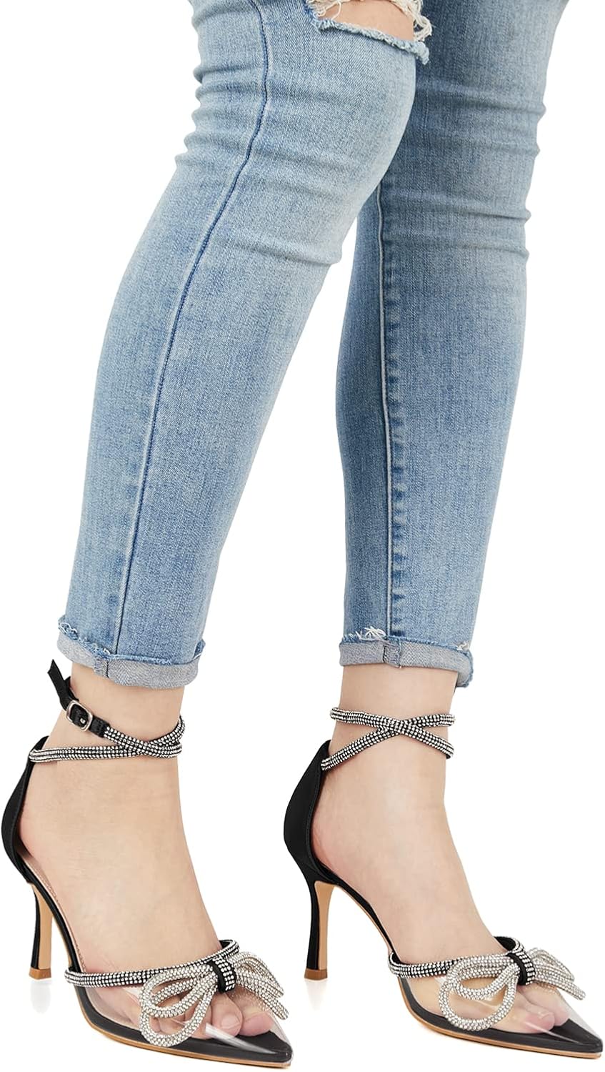 Coutgo Women's Clear Heels Closed Toe Pointed Rhinestone Heels Wedding Bridal Dress Shoes Ankle Strap Mid Heel Stiletto Pumps Shoes - Image 4