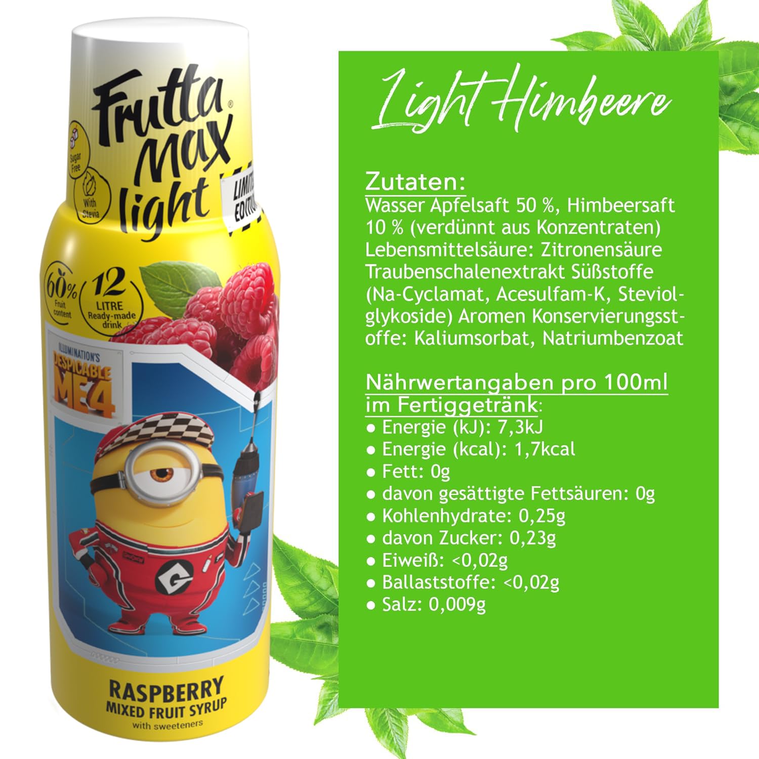 Light - Bajo en carbohidratos - Jarabe de fitness de FruttaMax | Azúcar Cero | con Stevia | 50-60% Contenido de Fruta 500ml (Minions Frambuesa - Light)
