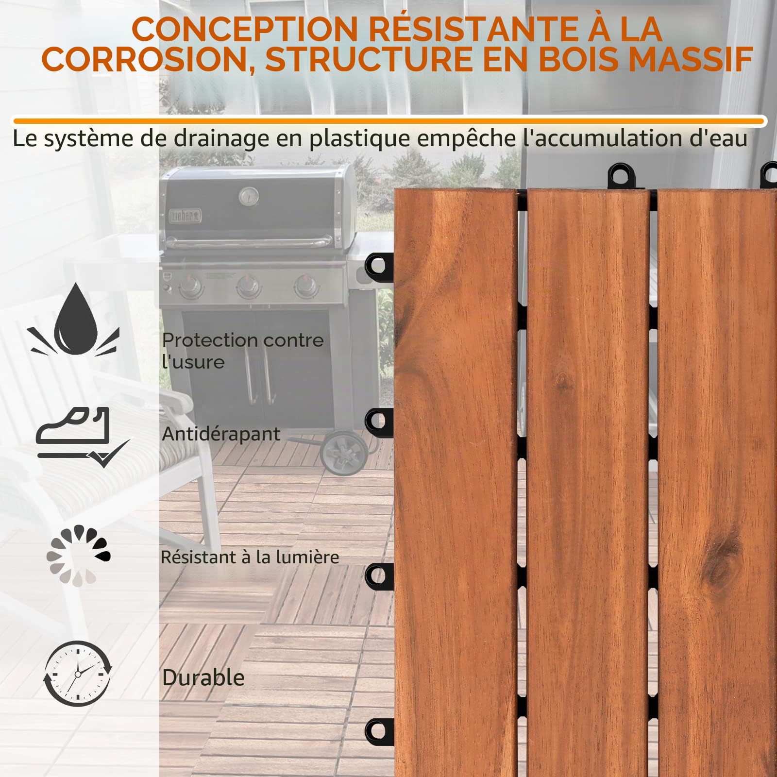 Lot de 11 dalles en bois d'acacia - 30 × 30 cm - 1 m² par carrelage de sol - Revêtement de sol extérieur et intérieur - Balcon avec système de drainage et système de clic - Marron