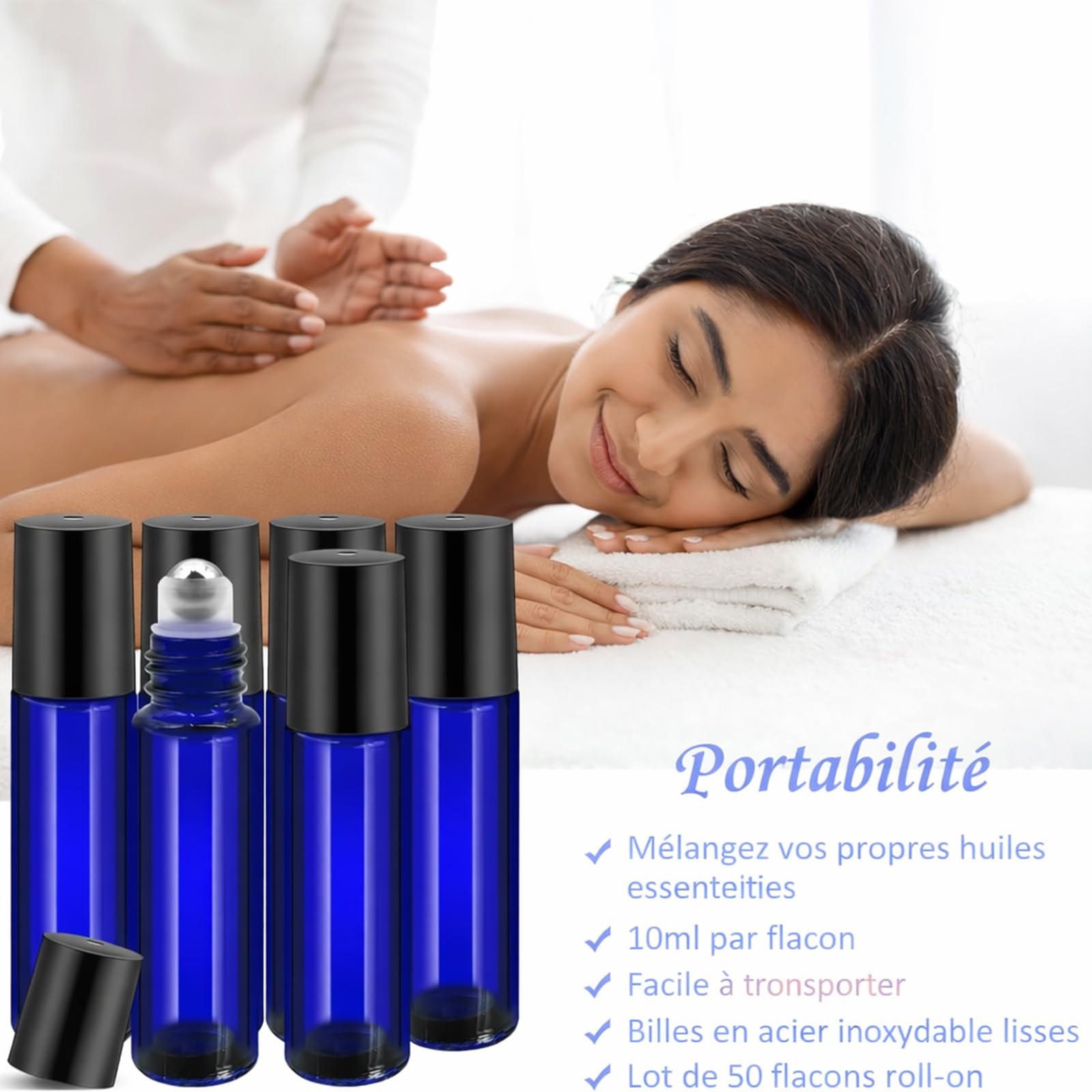 Lot de 50 Flacon Roll On Vide 10ml pour Huiles Essentielles – Flacons en Verre Roller avec Bille en Acier Inoxydable, Rechargeables et Vides pour Parfums, Aromathérapie, Massage, Voyage (Bleu)