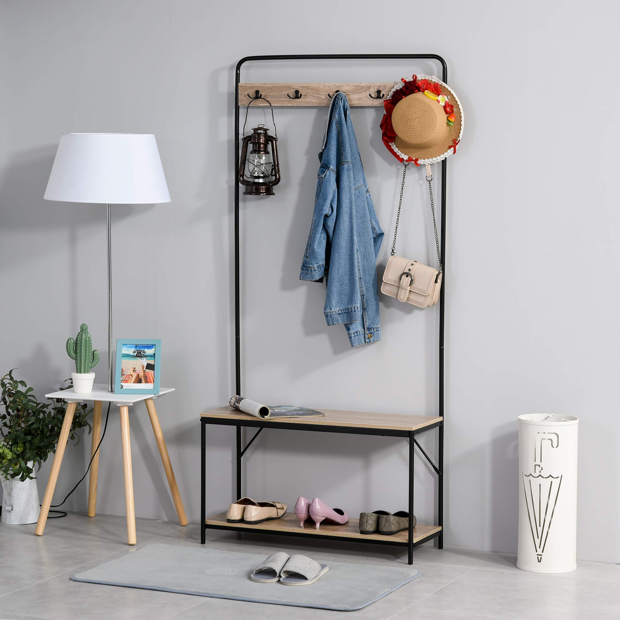 HOMCOM 3 in 1 Appendiabiti con Panca e Scarpiera, 80.5x30x170 cm, Nero | Stile Industriale, Mobile per Ingresso Vintage, Legno e Acciaio