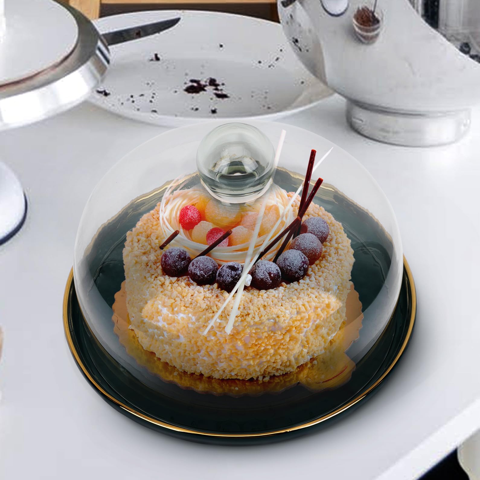 Piatto per Dolci e Torte in Ceramica Verde con Copertura in Vetro, Vassoio per Conservazione Alimenti Sicuro e Elegante per Riunioni di Famiglia