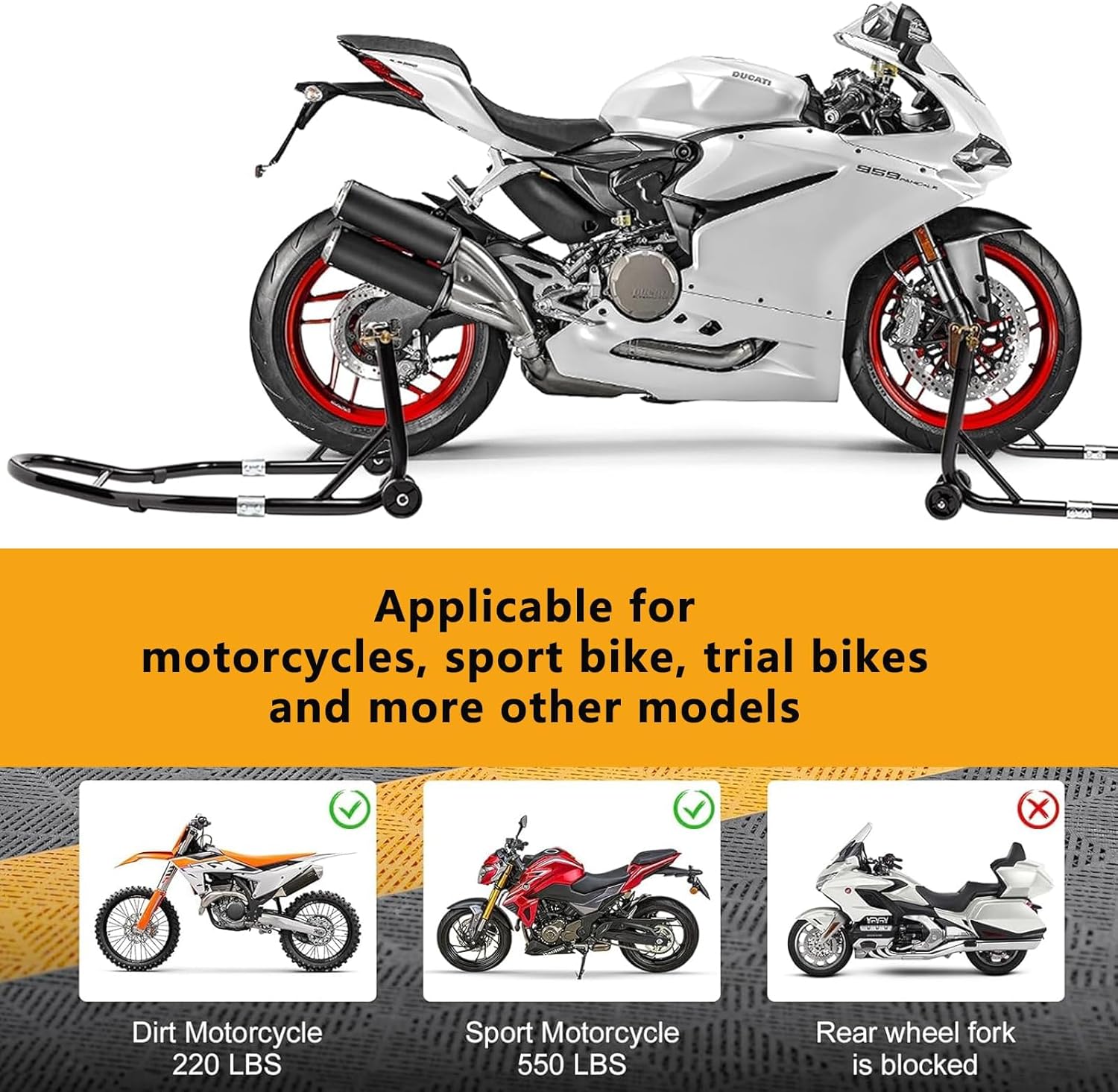 Motorcycle Stand 850LBS Heavy Duty Rear Wheel Lift, U+L Fork Combo Swingarm Spool Paddock Stand for Sport & Dirt Motorcycles, Black