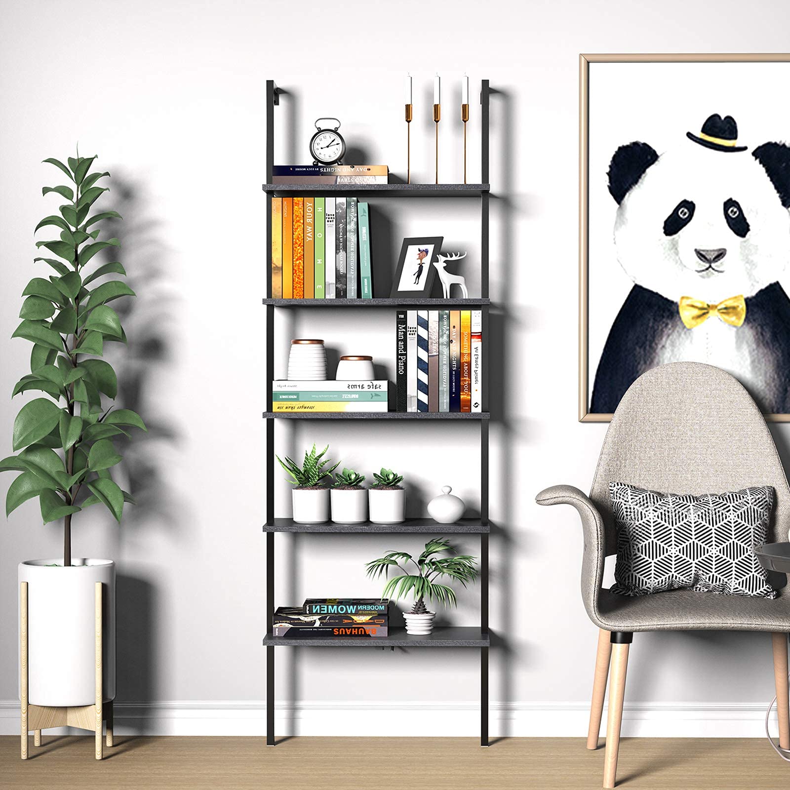 Ladder Shelf Bookshelf, 5Tier Industrial Bookshelf with Metal Frame