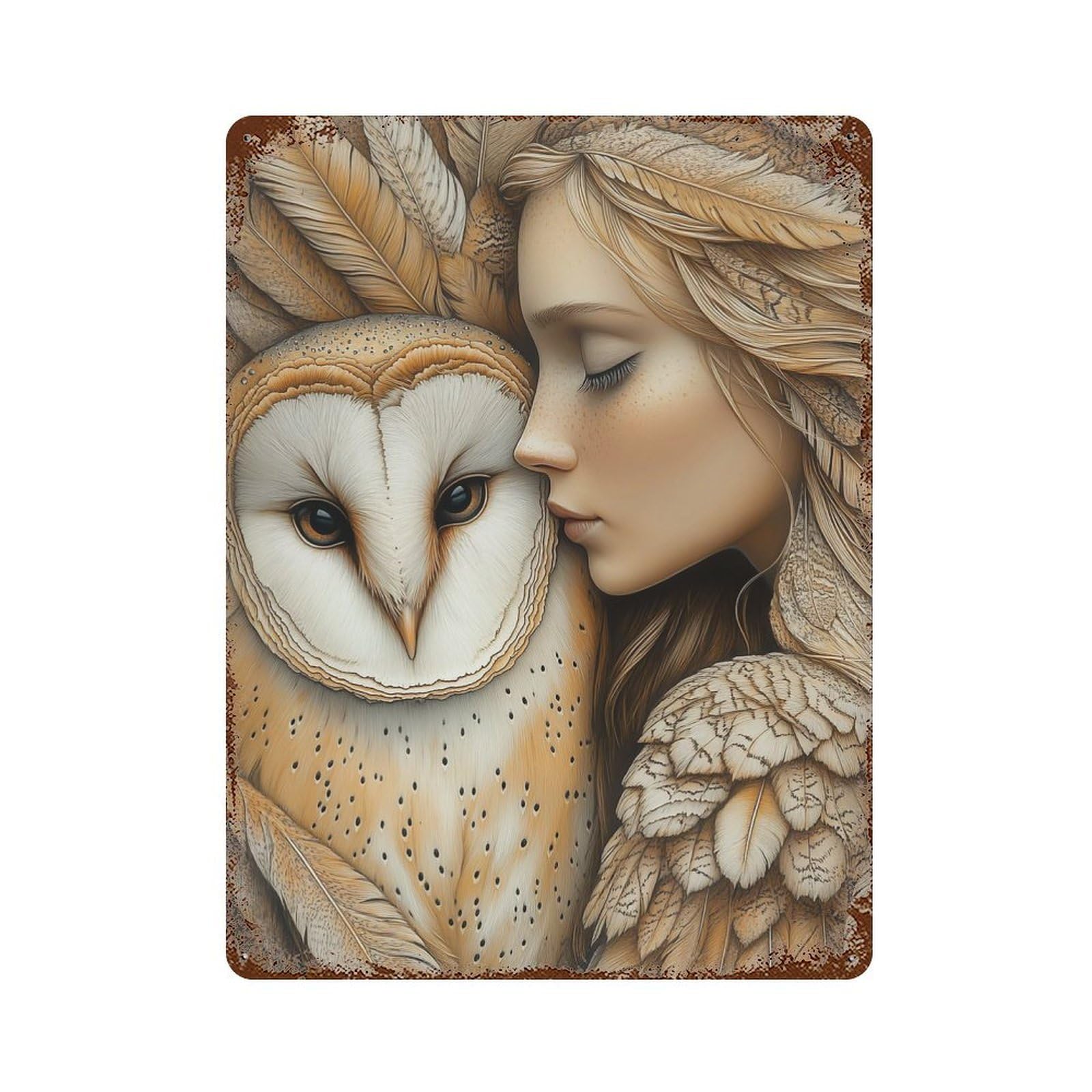 Woman And Owl in Feathers Rust Effect Tin Sign 15.7"x11.8", Old School Wall Decor for Farmhouse, Kitchen And Entryway Decor
