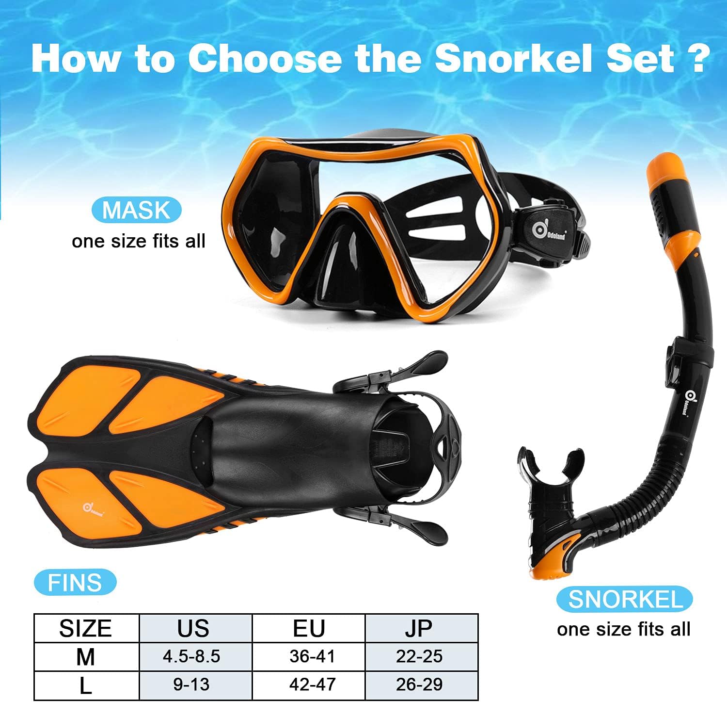 Odoland Snorkel Set 6-in-1 Snorkeling Packages with Diving Mask, Adjustable Swim Fins, Mesh Bag, Waterproof Case and Beach Blanket, Anti-Fog Anti-Leak Snorkeling Gear for Men Women Adult : Sports & Outdoors