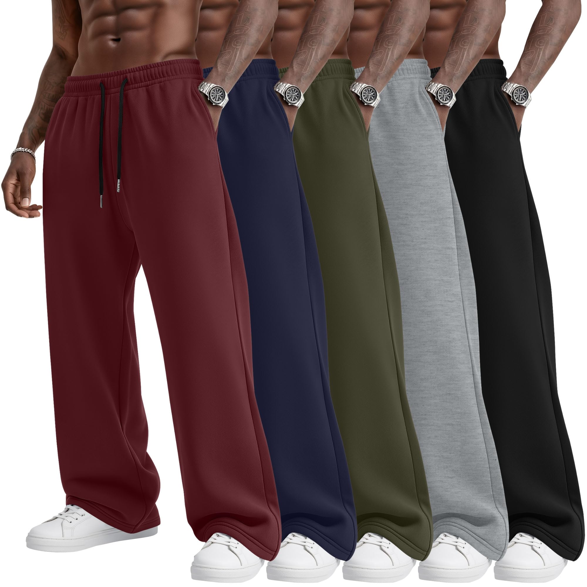 5 Pack Mens Baggy Sweatpants Straight Leg Open Bottom Joggers Elastic Drawstring with Pocket Athletic Pants