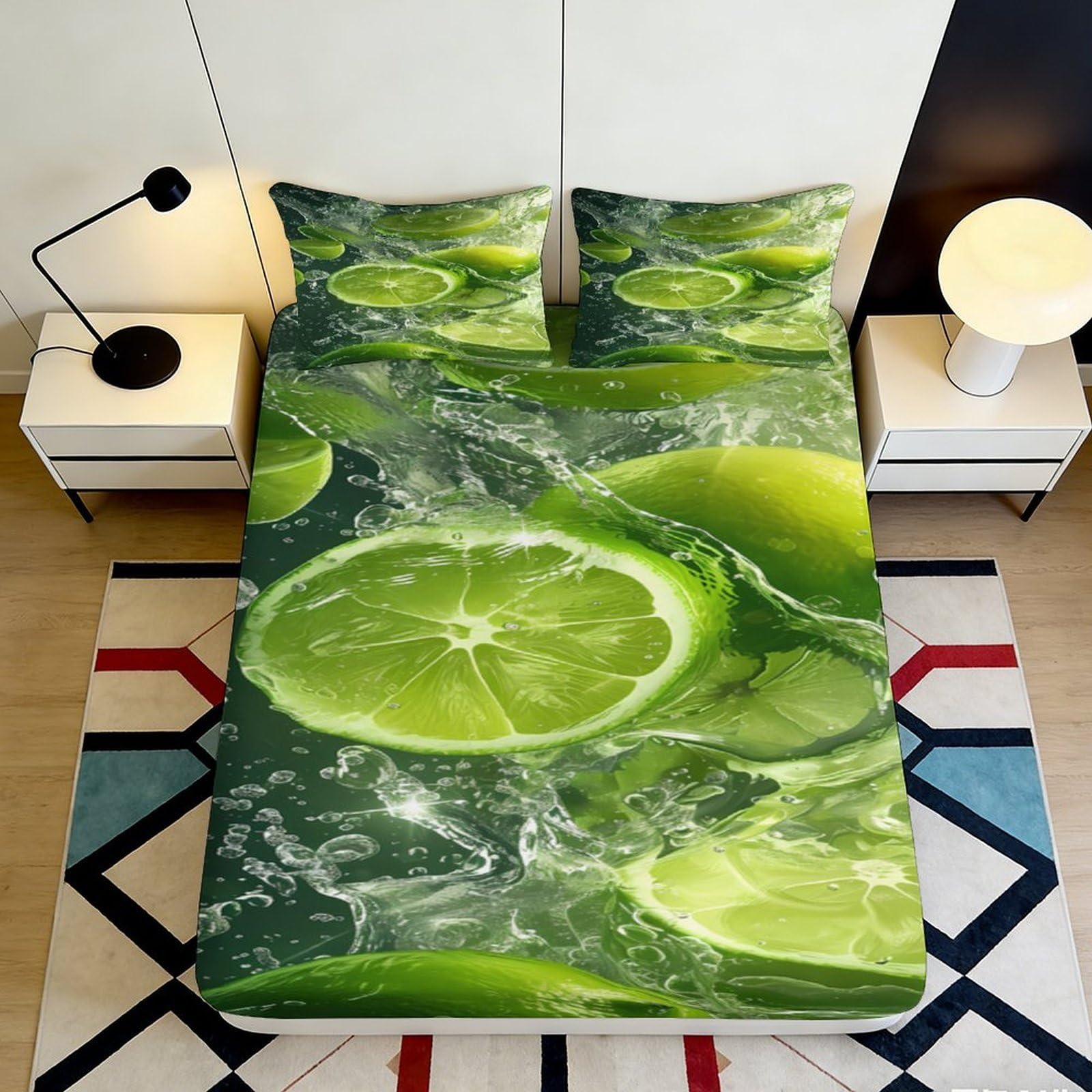 3D Printed Lime Fruit Fitted Sheet Microfiber Soft Breathable Citrus Mattress Cover for Bedroom Dormitory Guest Room Mattress Protection Decor 120x200x25cm