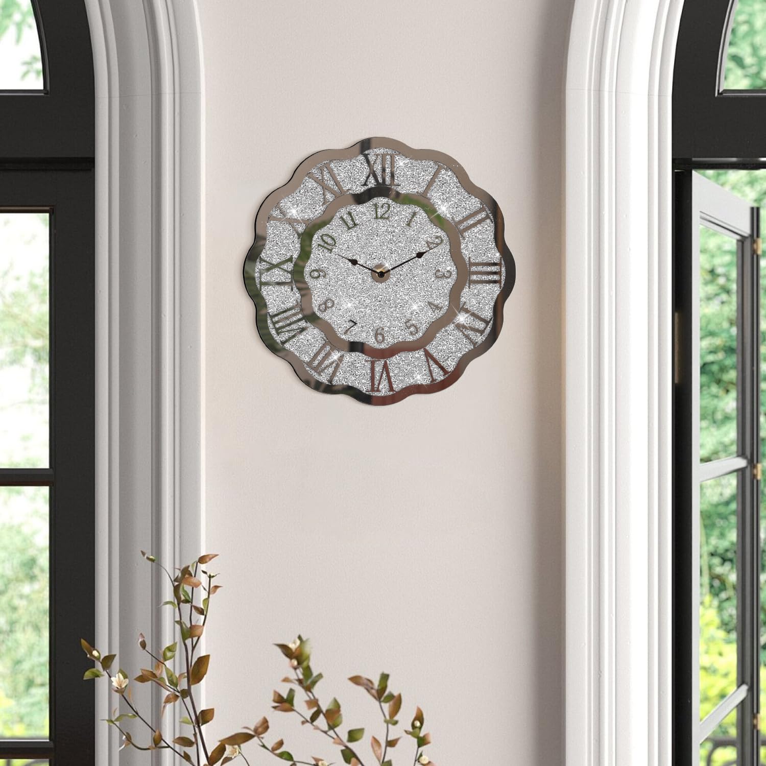 Reloj de pared con espejo de diamante triturado, reloj de cristal plateado moderno para dormitorio, decoración única para el hogar, espejo de cristal, para sala de estar, oficina, comedor