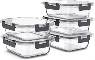 Arendo - Glas Frischhaltedosen Vorratsdosen für Lebensmittel mit Deckel luftdicht - 5er Set - 1000 ml - für Mikrowelle Gefrierschrank - Spülmaschinen geeignet - Lunchboxen Meal Prep Boxen