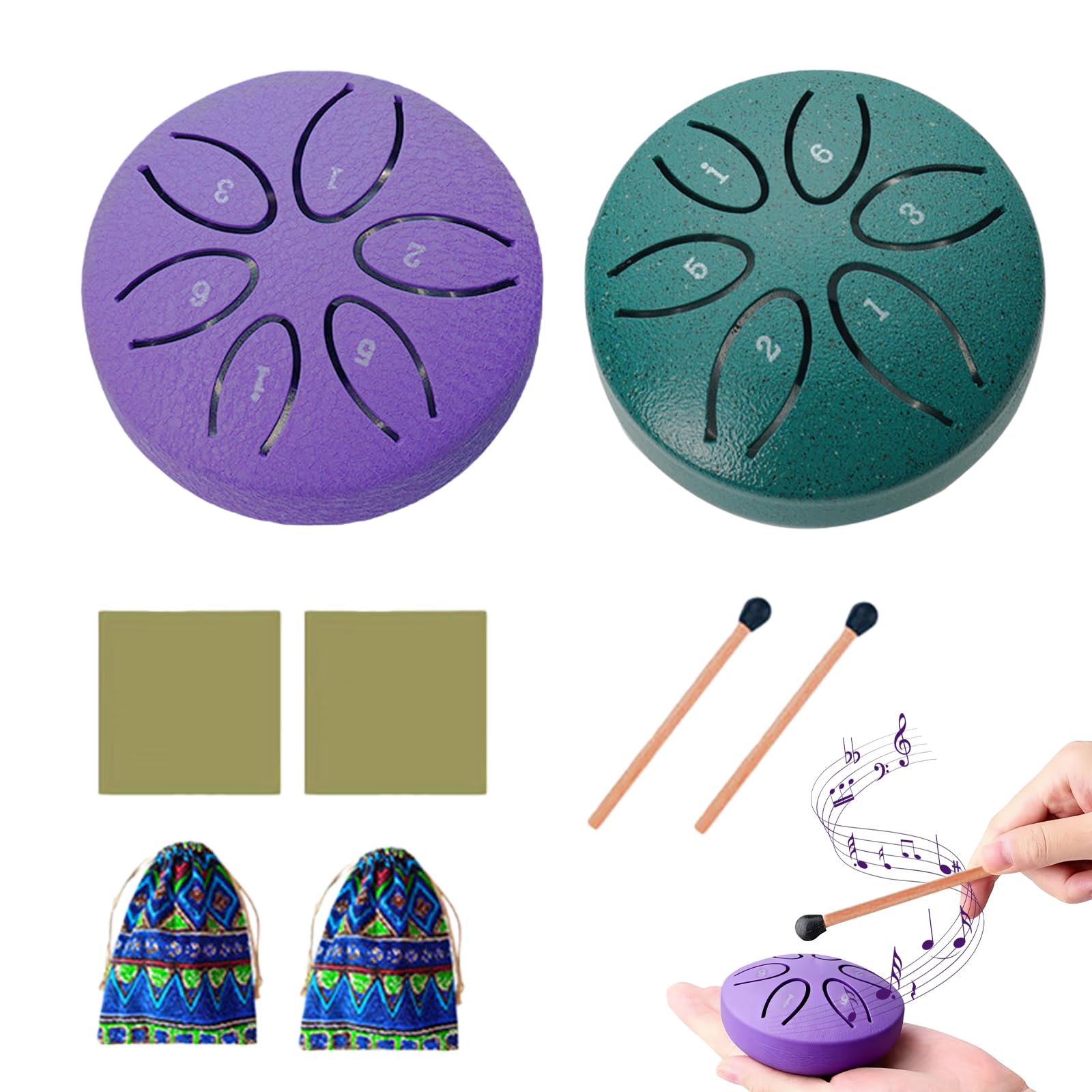 Set di 2 tamburi a pioggia, 3 pollici, 6 toni, con custodia in tessuto, libro musicale e bacchetta, strumento a percussione per lezioni di musica o regalo (verde e viola)