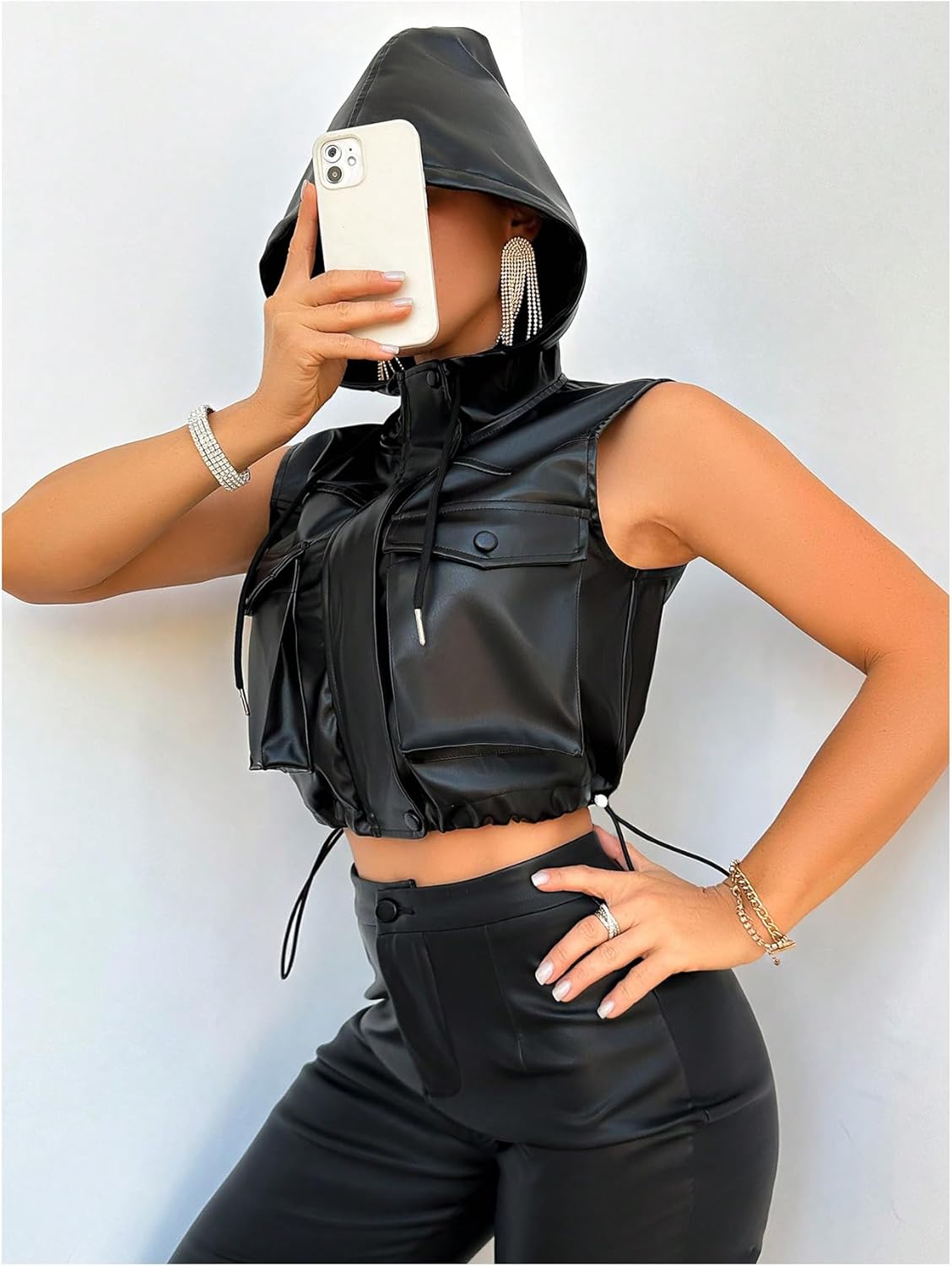 Verdusa Women's PU Leather Zip Up Cropped Vest Sleeveless Hooded Jacket with Pockets - Image 5