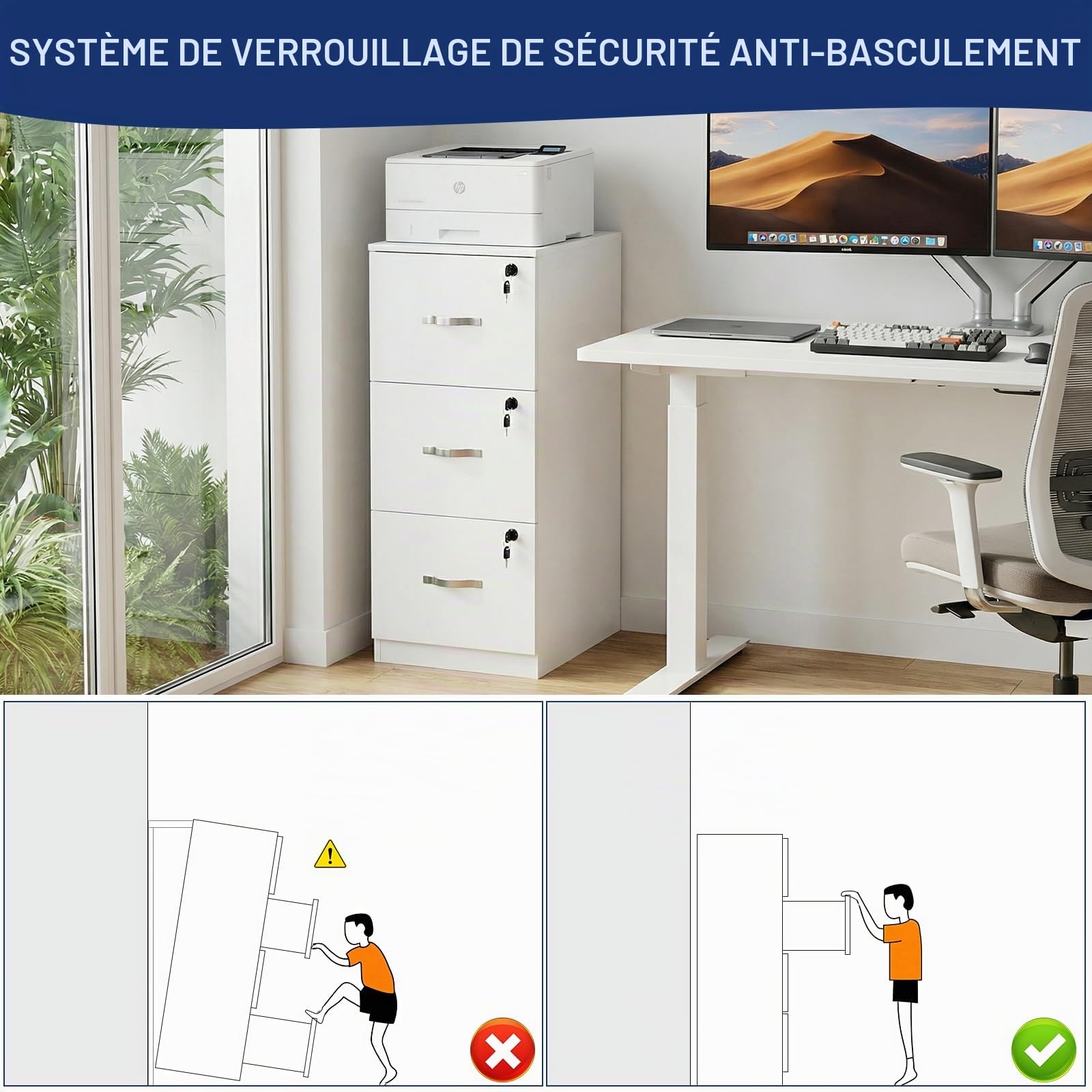 Caisson de Rangement, Meuble Bureau 3 Tiroirs, Verrouillable Armoire Meuble de Rangement Bureau 103.5 cm Hauteur pour Dossiers Suspendus, Papier Administratif, Imprimante, Format A4, Blanc