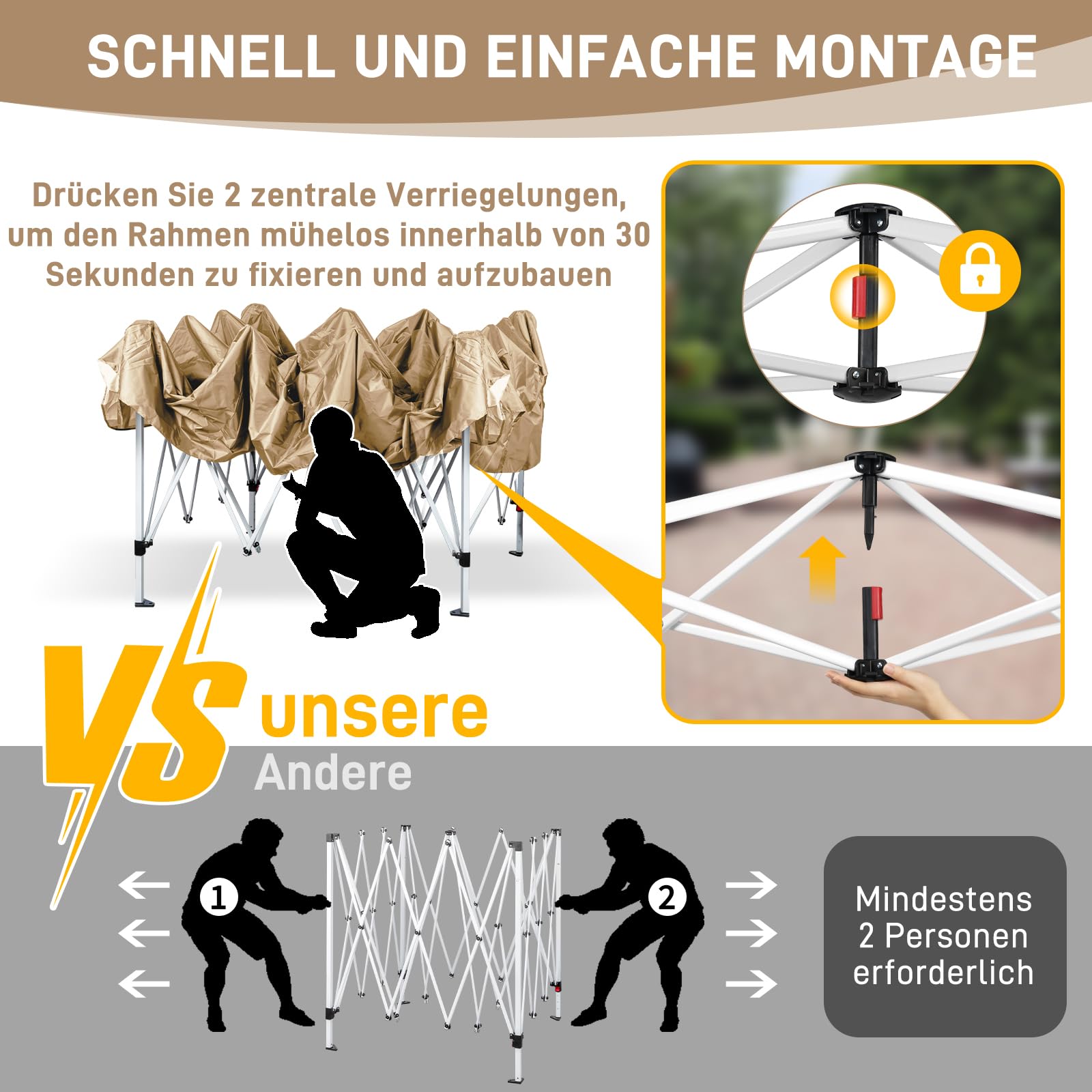 Pavillon 3x3m,One-Touch Faltpavillon,Wasserdicht,Winterfest,UV Schutz 50+,Gartenzelt,Partyzelt,mit 4 Seitenteilen,4 Sandbeutel,für Garten,Party,Camping (Khaki, 3x3m mit 4 Seitenwänden)