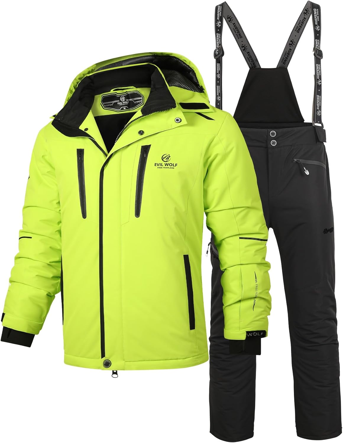 EVIL WOLF Men's Ski Suit Set, High-Saturation Bright Top & Detachable Suspender Bib Pants, Insulated Winter Ski Suit