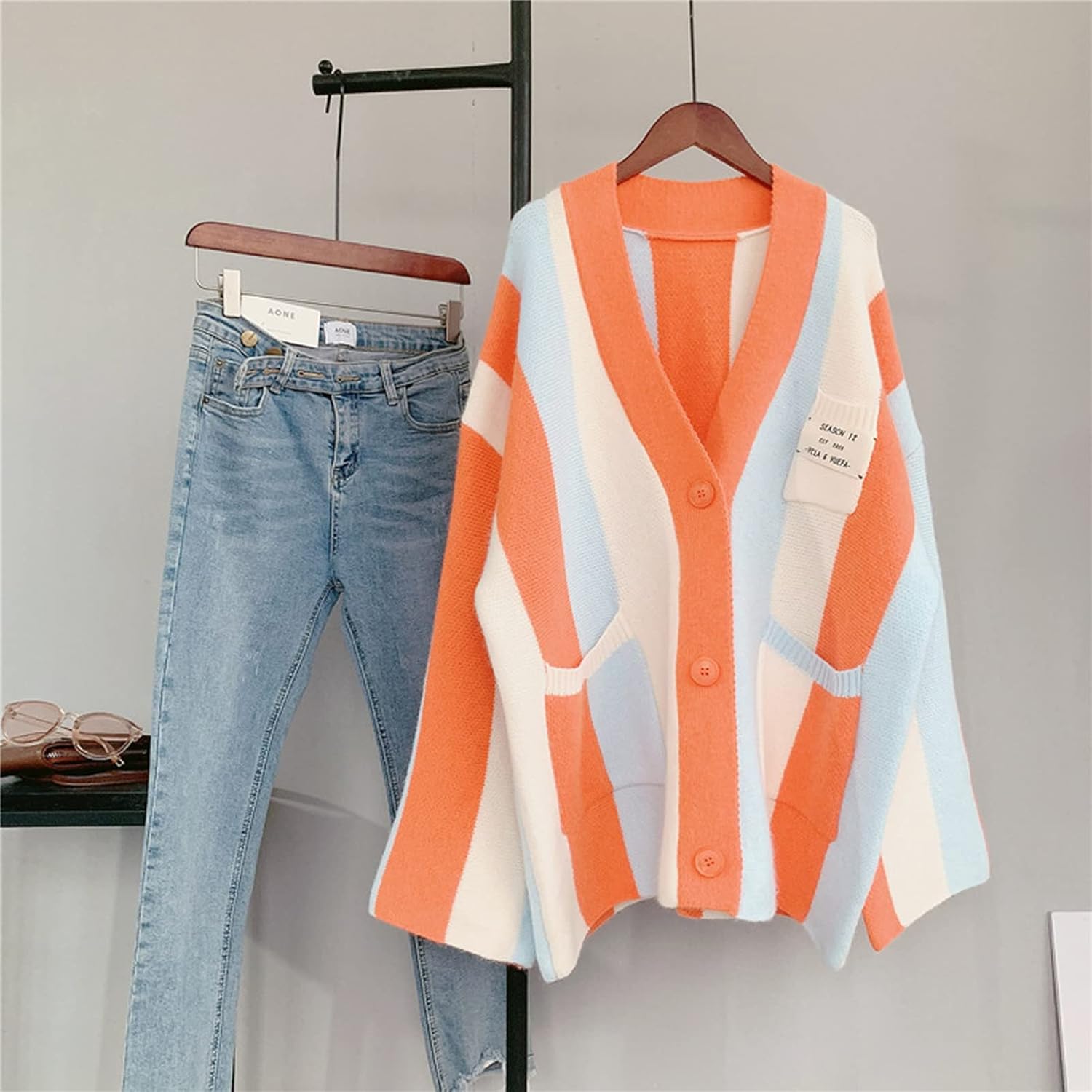 Womens Long Sleeve Cable Knitted Color Block Boho Striped Sweater Cardigans for Early Spring,Fall or Winter - Image 4