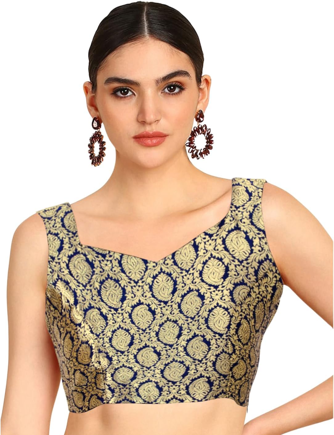 Chandrakal Womens Banarasi Brocade Sleeveless Readymade Saree Blouse (B229-P)