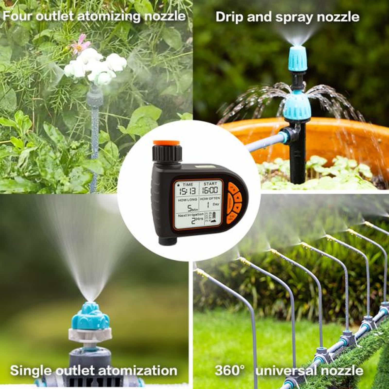 Timer per irrigazione automatica intelligente con sensore pioggia, controller di irrigazione programmabile da G3/4 a G1/2 - Ampio display LCD, timer per rubinetto tubo da giardino
