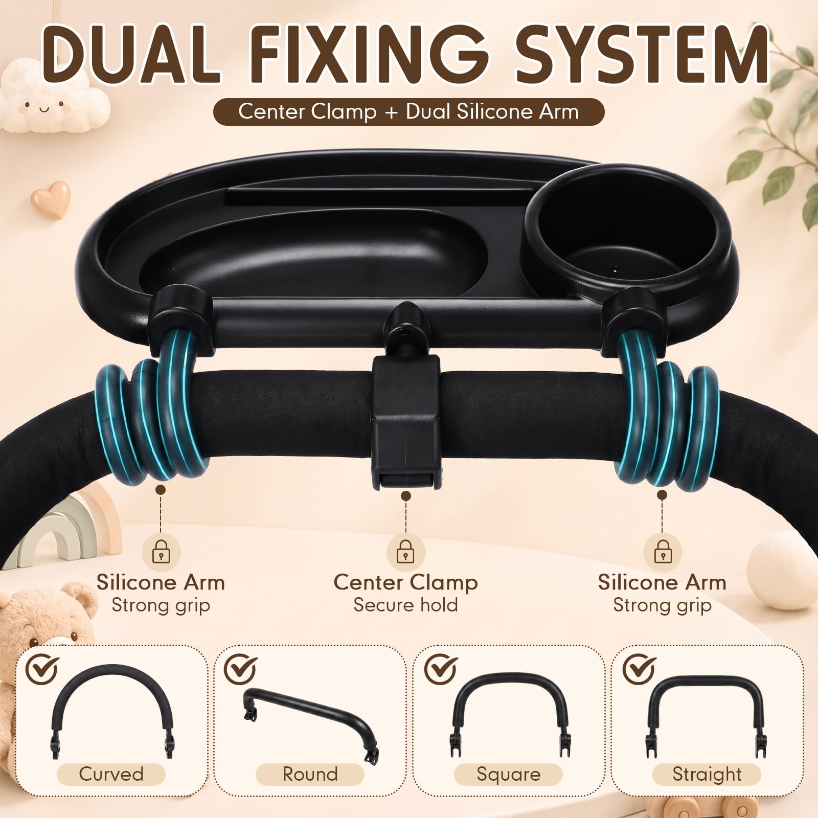 Tallew 2 vassoi universali per snack per passeggino con portabicchieri per telefono 3 in 1, attacco per passeggino con impugnatura in silicone, accessori per passeggini per bambini, snack, passeggiate
