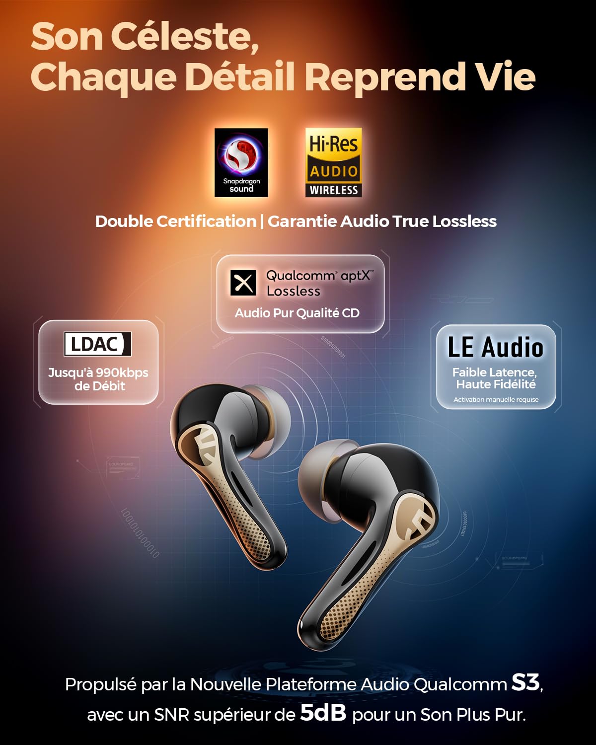 SoundPEATS Air5 Pro+ Écouteurs sans Fil Noir réduction Active du Bruit | BT 5.4, léger, quotidien/déplacement. Snapdragon Sound certifié Hi-Res,LDAC/aptX, appel clair 6 mics, IPX5, autonomie 37h.
