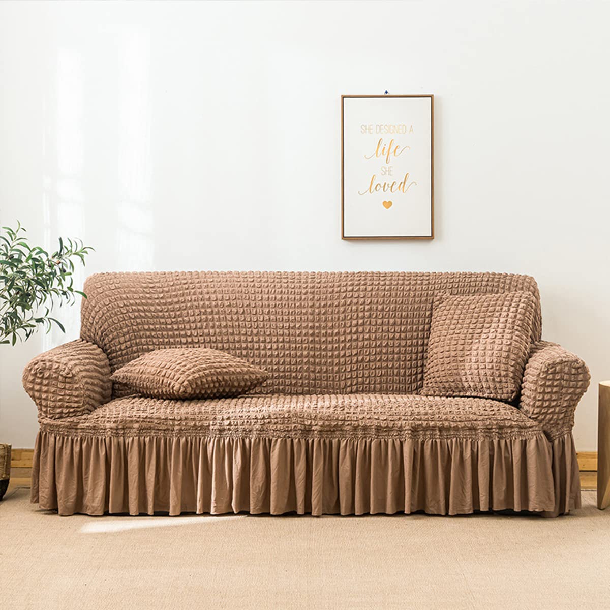 youyoucool Bubble Lattice Elegant Stretch Sofa Cover 3D Cover Couch Cover Spandex Elastic Sofa Slipcover Protector with Skirt egyptian grey3 seats