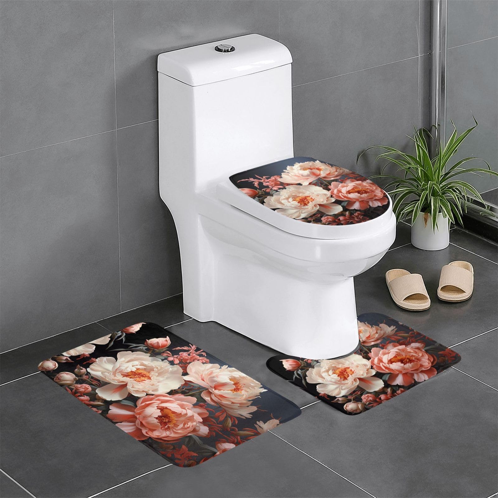 Tapis de bain antidérapants pivoines blanc vif lot de 3 pièces absorbantes