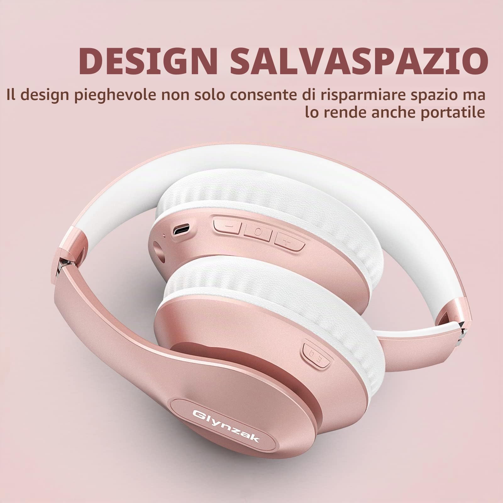 Cuffie Wireless Bluetooth 6.0, 65 Ore Di Riproduzione Cuffie Stereo HiFi con Microfono e 6EQ modalità, Pieghevole Cuffie Bluetooth Over Ear per Viaggio Smartphone Computer Portatile Rose Gold