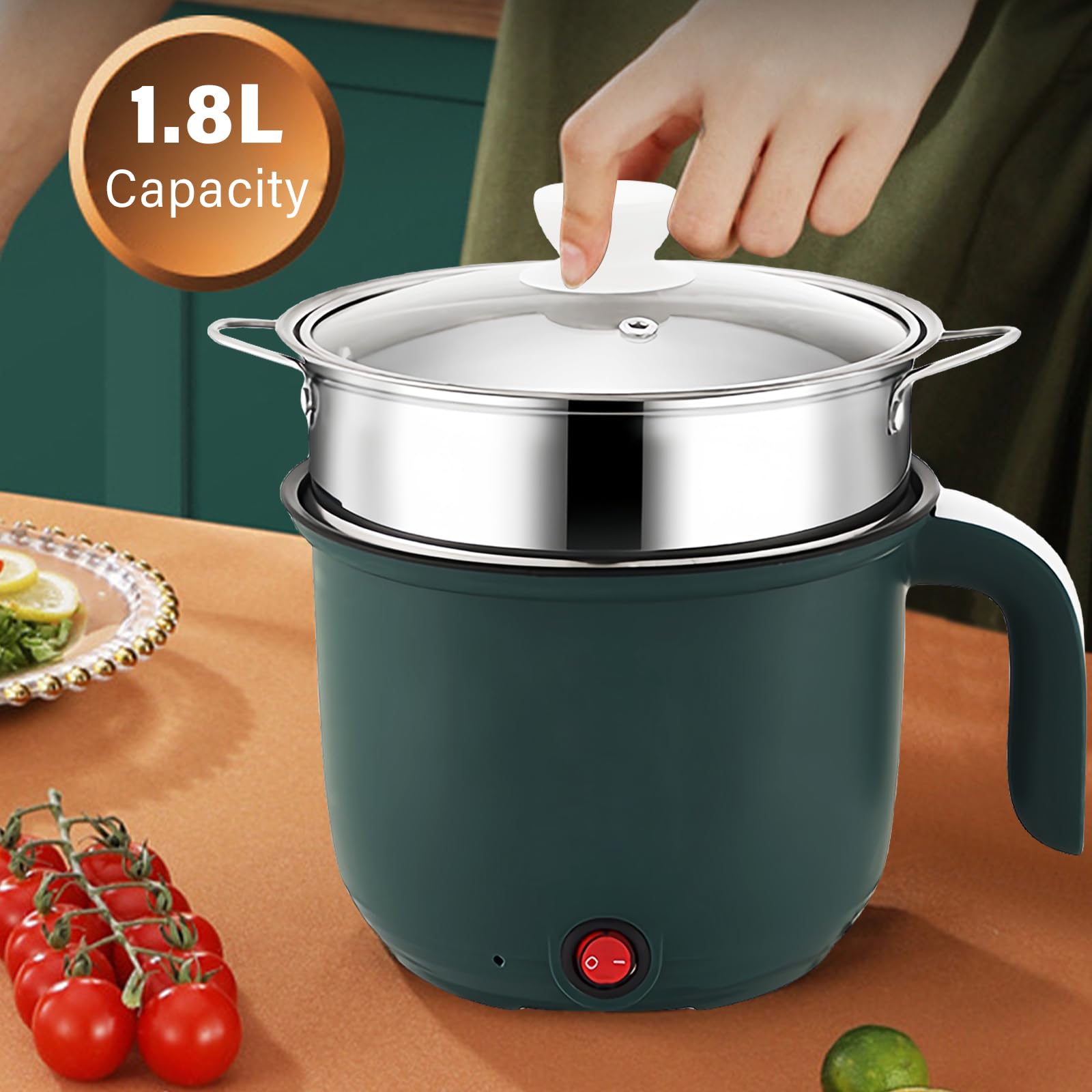 GOMETY Elettrico Hot Pot, 1.5L Elettrico Hot Pot con Vaporiera Mini Antiaderente Portatile Elettrico Casseruola Rapido per Ramen Multicooker per Zuppa, Pasta, Fiocchi d'Avena, Uova, Pasta