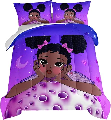 HOSIMA Juego de edredón mágico para niñas negras, juego de edredón afroamericano para adolescentes, juego de ropa de cama de galaxia morada, tamaño