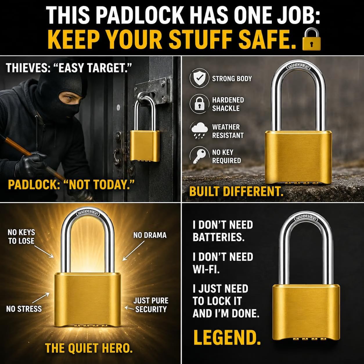 Heavy Duty 4-Digit Combination Padlock Brass | Resettable Code Lock with 10,000 Combinations & 8mm Alloy Steel Long Shackle | High Security Metal Padlock for Gym, Locker, Gate & Travel (Gold) — Amazon image 8