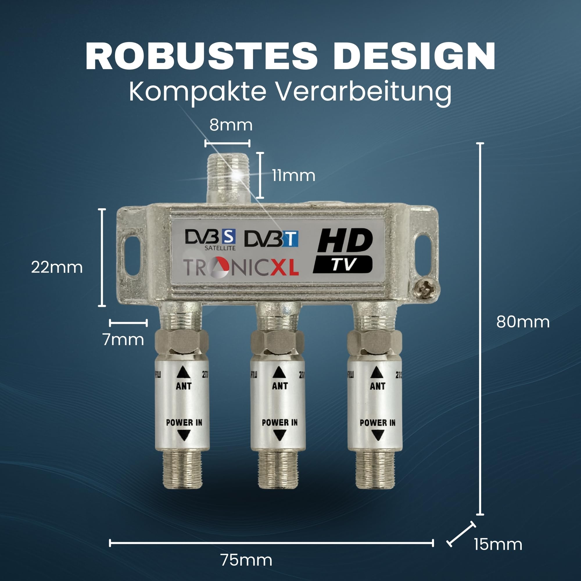 TronicXL 3-fach Sat Splitter 60dB Verstärker I Antennenverteiler Weiche DVB-S2 DVB-T2 Weiche mit Antennenverstärker für 3D 4K HDTV Signalverstärker für guten Empfang