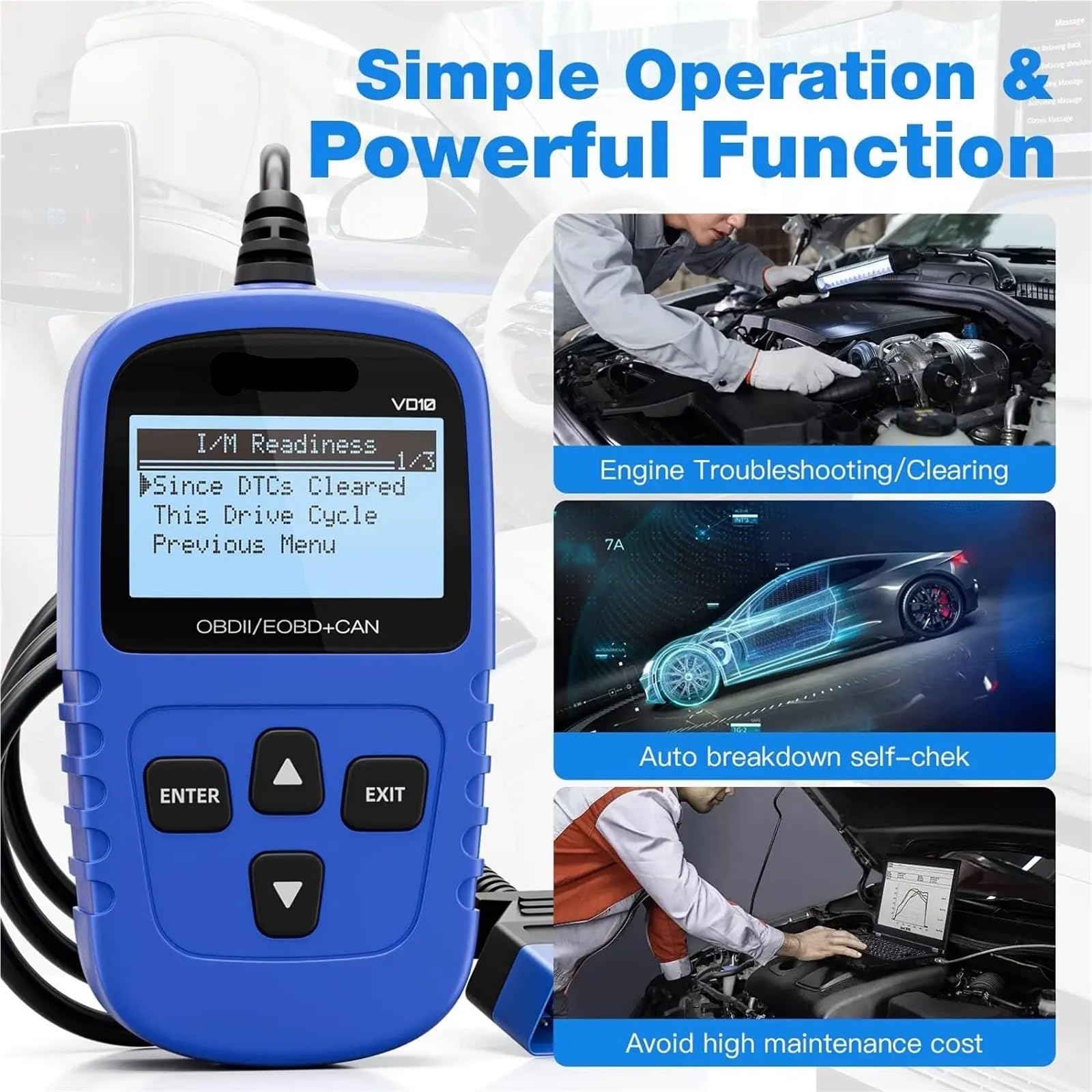 VD10 OBD2 Scanner With I/M Readiness Professional OBDII Diagnostic Code Reader Tools For Check Engine Light