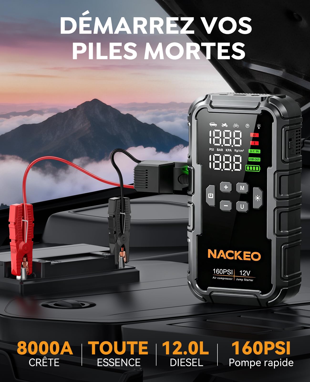Booster Batterie Voiture 8000A avec Compresseur 160PSI, 12V Booster Voiture Portable (Essence & Diesel 12L), Démarreur Batterie Voiture avec Lampe 600LM, Câbles de Démarrage, Grand écran LCD