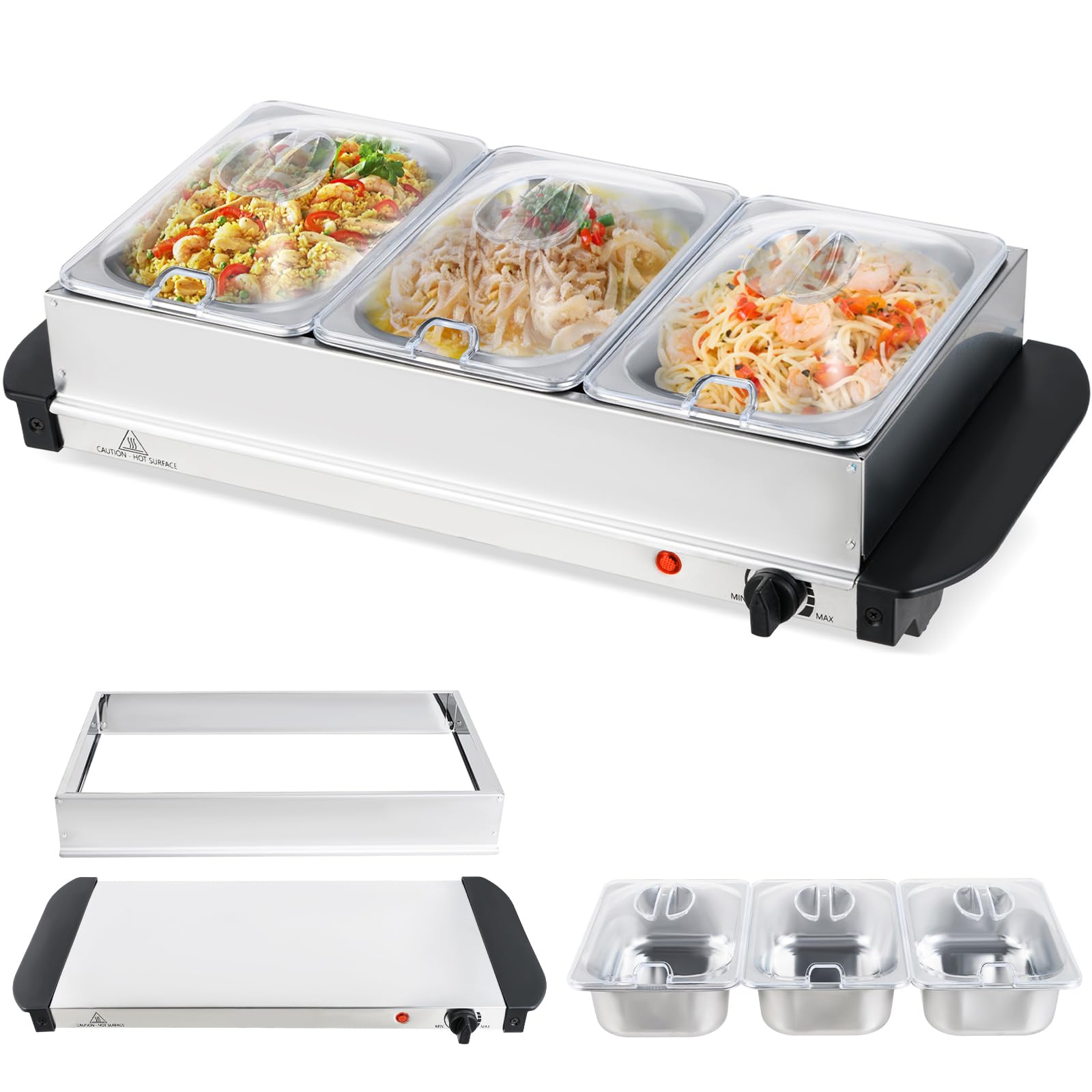 Giantex Electric Buffet Server & Warming Tray, 3 Stainless Steel Pans with Lids, Adjustable Temperature, Dishwasher Safe, 2-in-1 Portable Tabletop Food Warmer for Parties, Holidays, Weddings, Catering