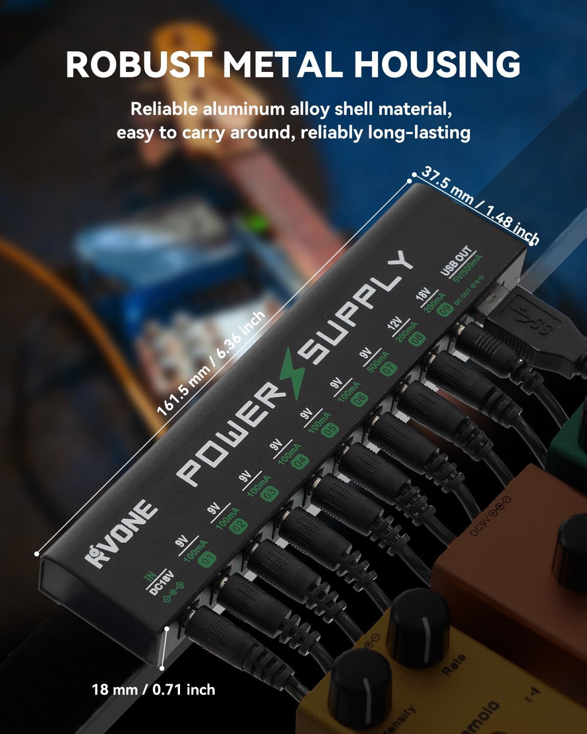 RVONE Guitar Pedal Power Supply, 10 Isolated DC Output for 9V/12V/18V Effect Pedal, Circuit Protection, Noise Reduction, 100mA 500mA USB Pedalboard Power Supply