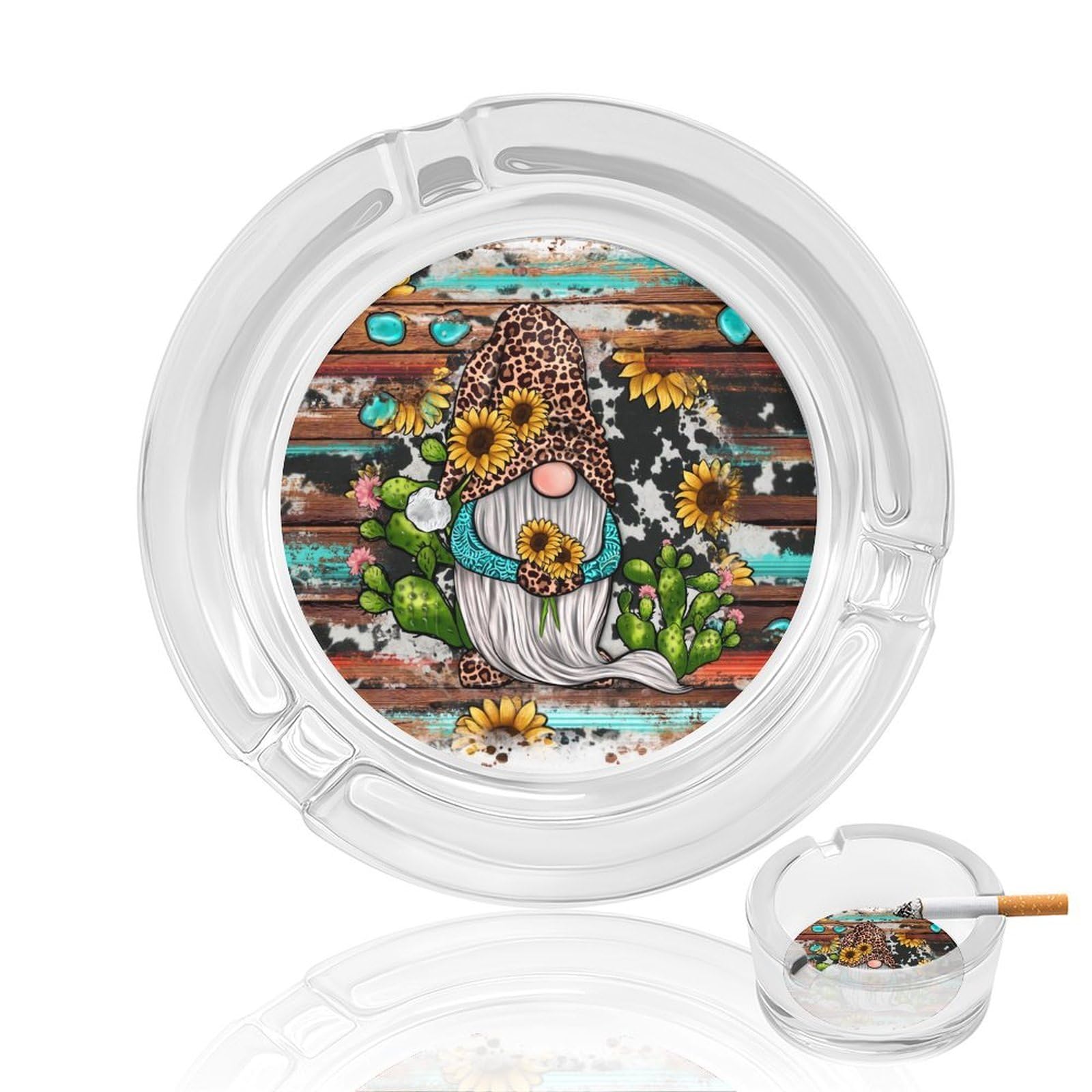 Western Gnome Sunflowers Turquoise Stones Glass Ashtray 3.3 Inch Round Cigarette Ash Holder with 4 Grooves for Home Office Outdoor One Size