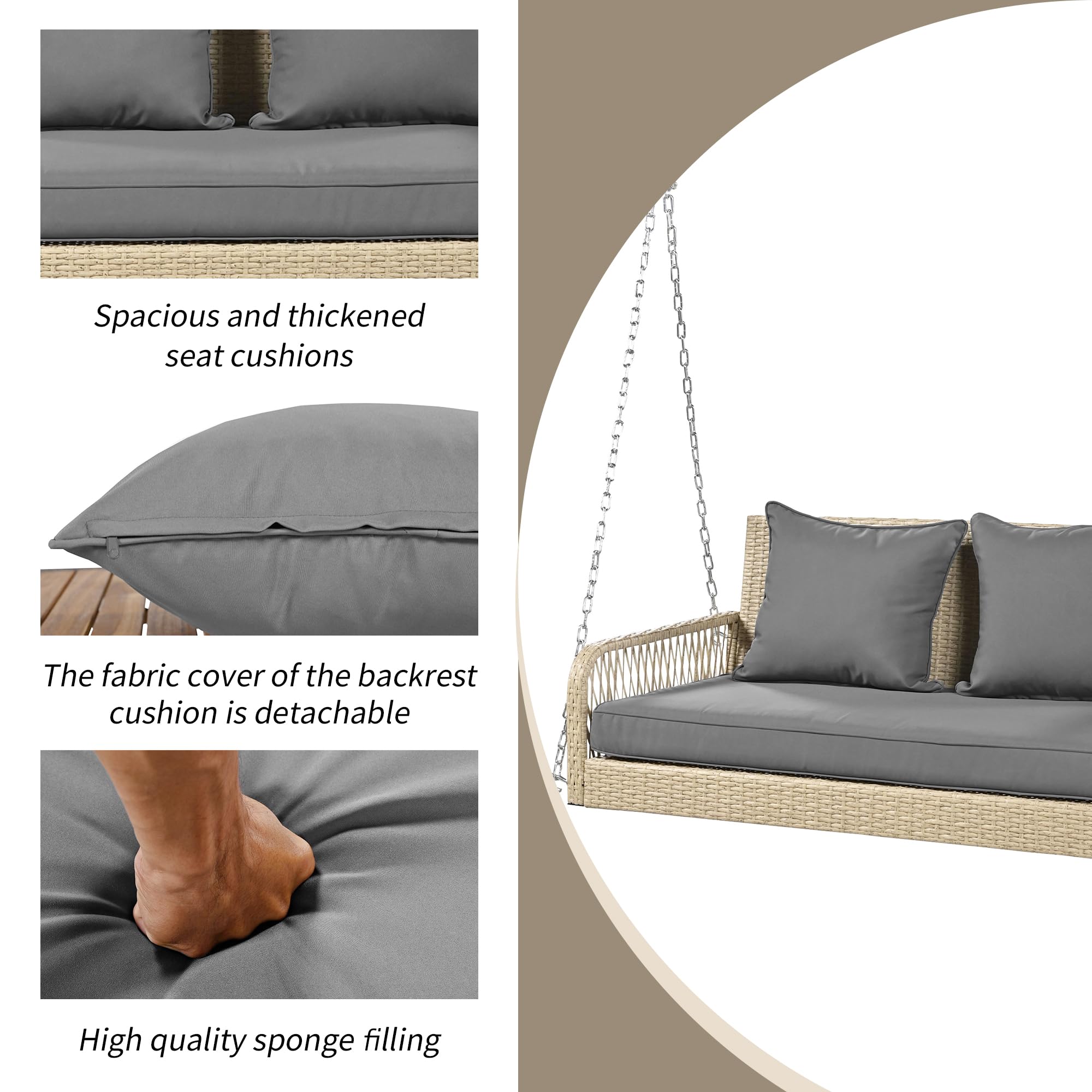 Columpio de jardín, columpio de jardín, juego de muebles de jardín para exteriores, ratán beige, cojín de asiento gris, 2 asientos, con cojín de asiento y cojín de respaldo, extraíble y
