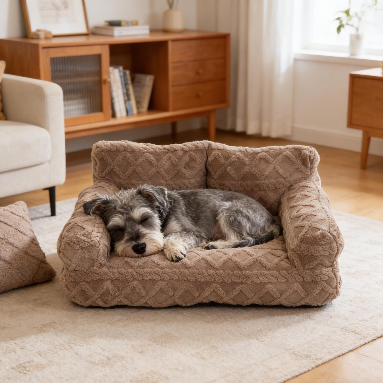 Plush Calming Pet Sofa Bed with Raised Rim, Pet Sofa Bed with Removable Cover, Dog Sofa Bed, Cat Sofa Bed, Pet Bed for Dog,Cat (Khaki, L)