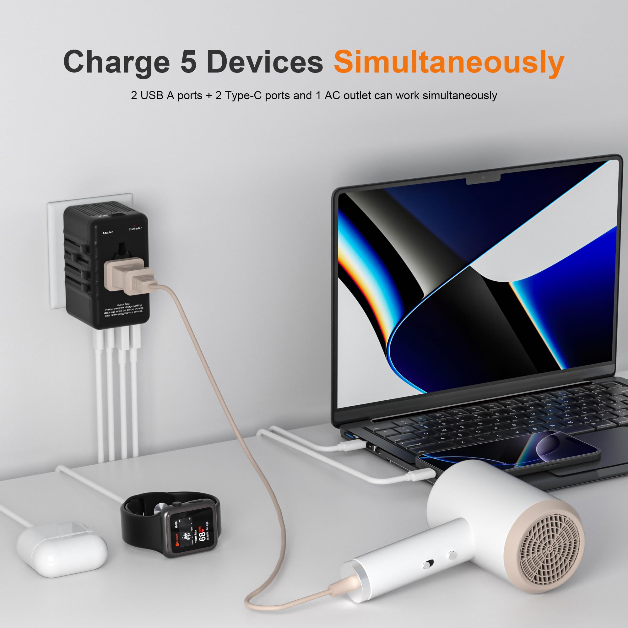 Adaptador convertidor de voltaje de 220 V a 110 V: transformador de enchufe de regleta de viaje internacional de Estados Unidos a Europa