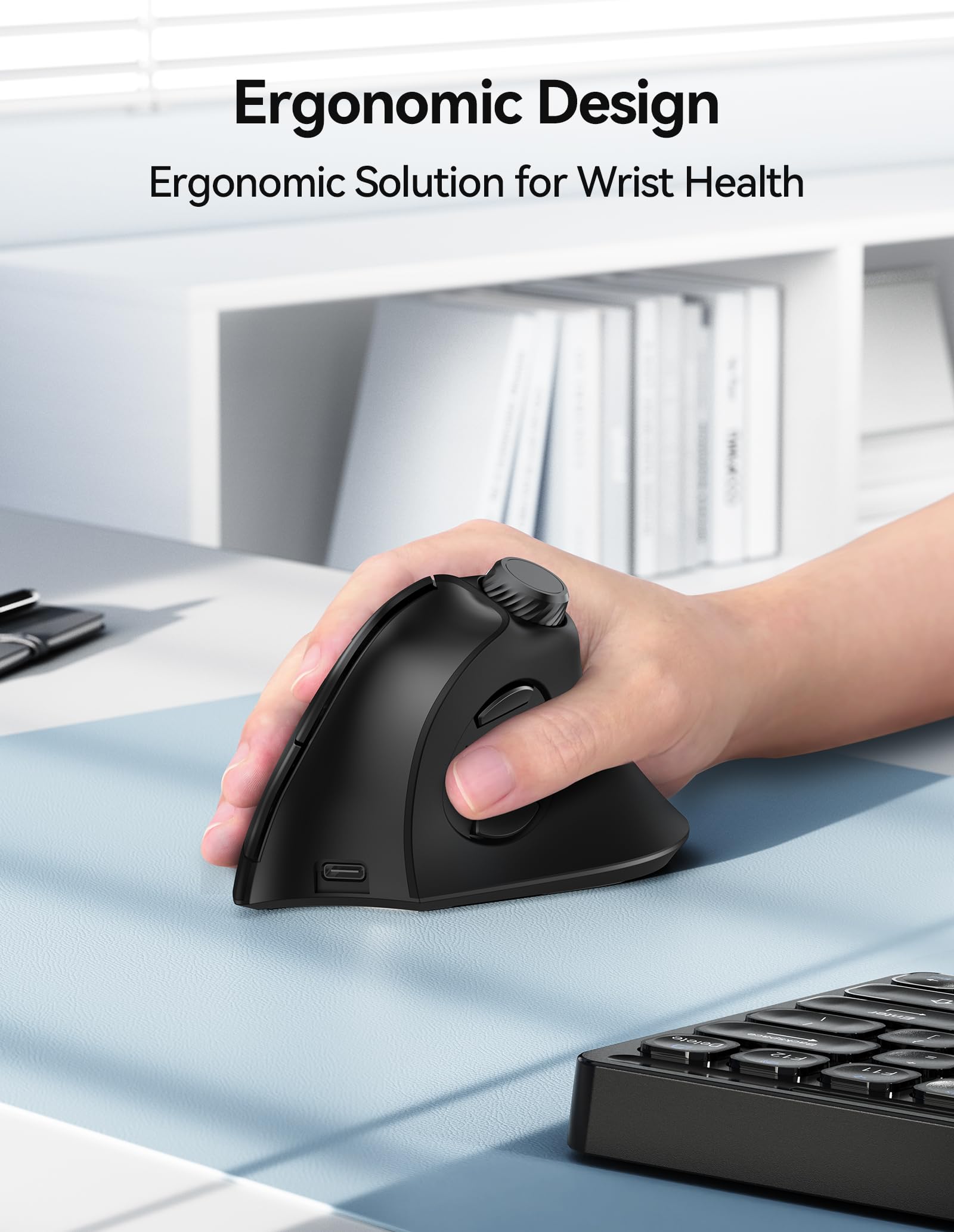 Ratón ergonómico, mouse inalámbrico recargable Bluetooth (BT 5.0/5.0+2.4G), mouse vertical con perilla de volumen, clics silenciosos, ratones inalámbricos 6 DPI ajustables con receptor USB A 5