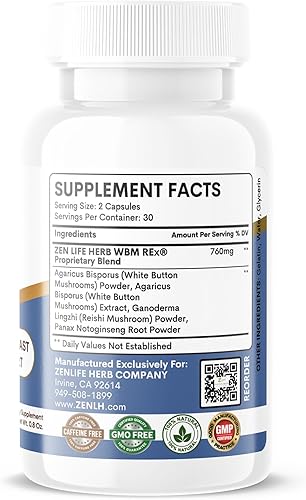 Miniatura 9 de ZEN LIFE HERB WBM REx White Button Champiñones Ginseng Plus Soporte Inmunológico Avanzado Clínicamente Probado para Próstata y Mama Suplemento de