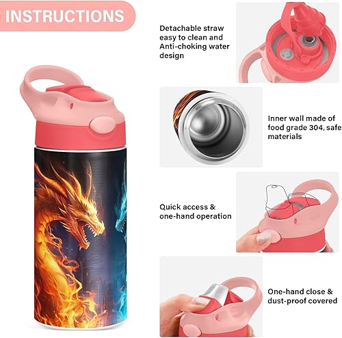 Miniatura 5 de Fire and Ice Dragon - Botella de agua para niños, botellas de agua de acero inoxidable aisladas con tapa con pajilla, 12 onzas, sin BPA, a prueba de
