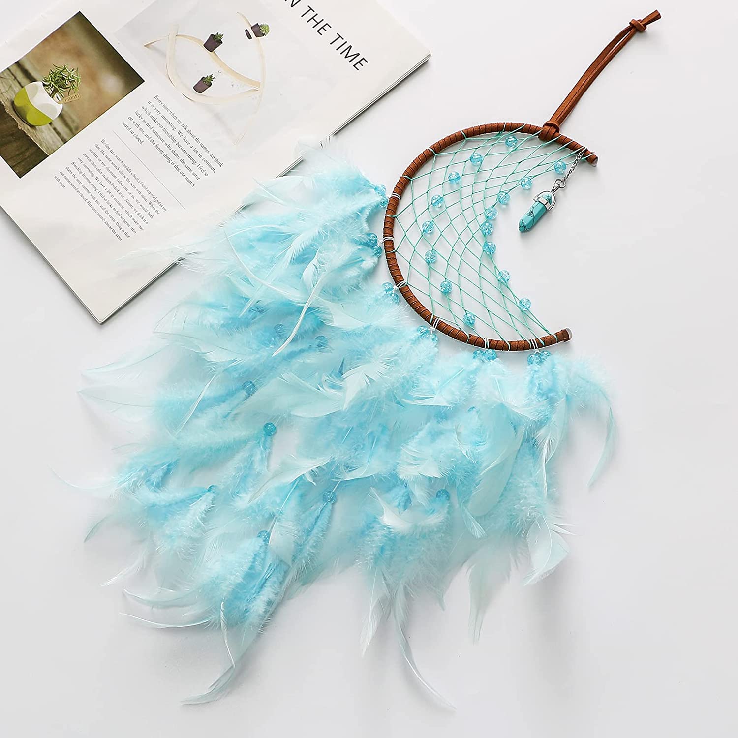Dremisland Attrape-Rêves Lune Avec Plumes - Pendentif Turquoise Chanceux, Décor Mural Féerique Pour Chambre D'Enfants
