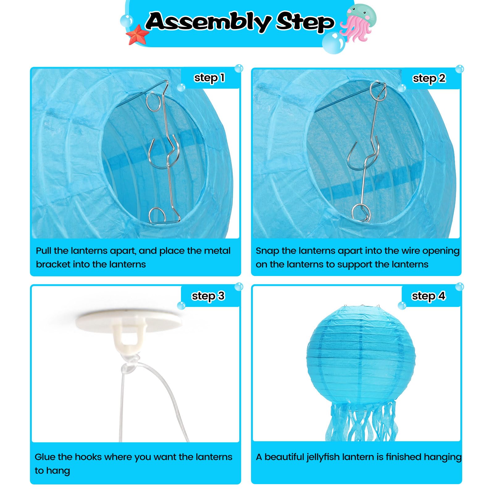 Faroles de papel de medusas, decoraciones para fiestas bajo el mar, paquete de 6 con cuerda y ganchos, colgante de jalea para sirena, temática oceánica, cumpleaños, fiesta (azul 8 pulgadas) 4