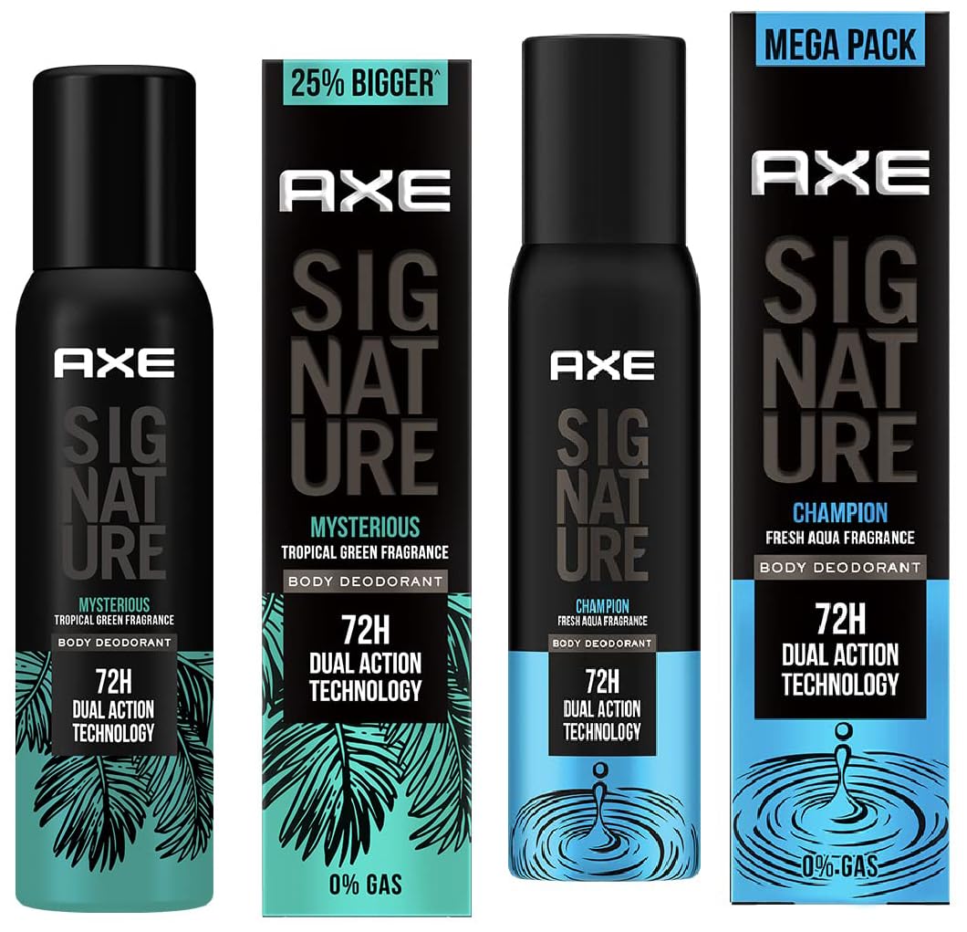 Signature Champion Long Lasting No Gas Body Deodorant For Men 200 ml & Axe Signature Mysterious No Gas Deodorant Bodyspray For Men 154 ml Combo