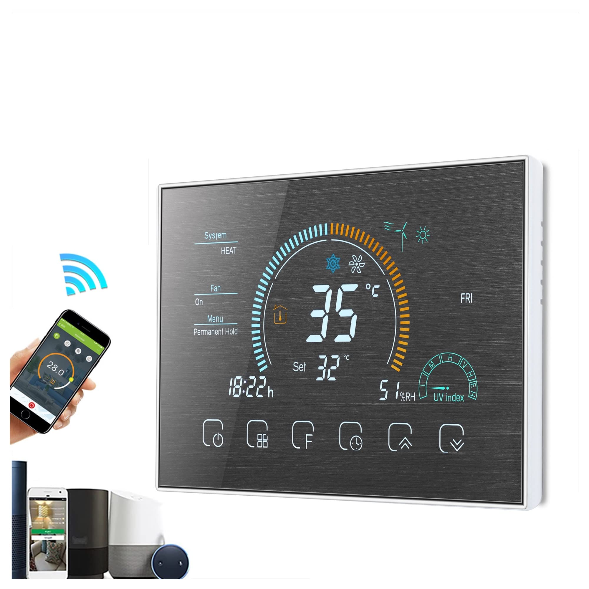 Czujnik termometru, Wi-Fi inteligentny duży kolorowy program do programowania termostat powietrza Wifi W przypadku kontrolera temperatury mostu ogrzewania przełącznika(Wit,4P NO WIFI)