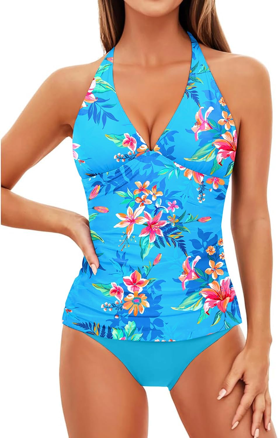Holipick Two Piece Tankini Bathing Suits for Women Tummy Control Swimsuits Sexy V Neck Halter Tankini Top with Bikini Bottom