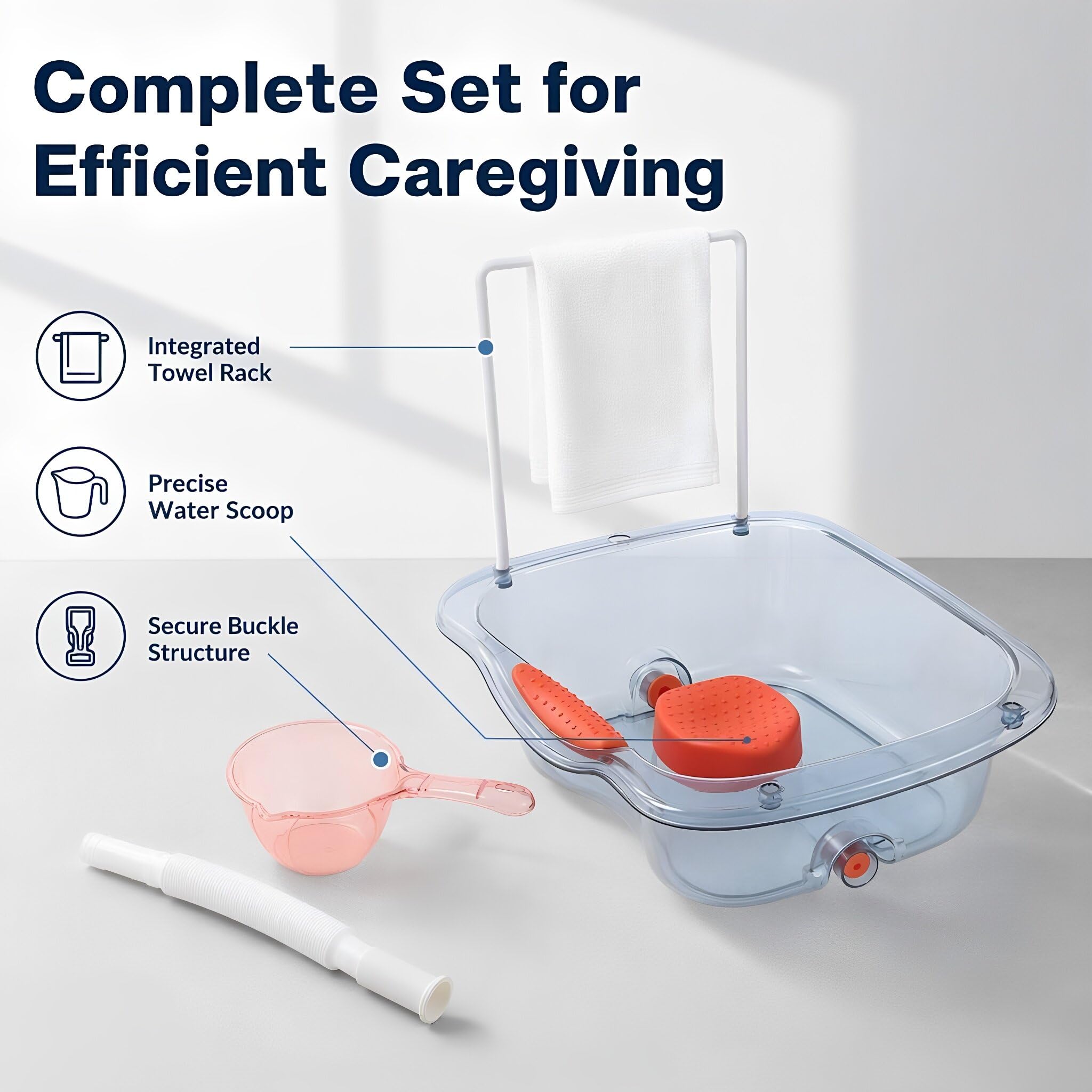 Veemoon Lavatesta portatile con portasciugamani | Stazione per il lavaggio dei capelli a casa con tubo di scarico e mestolo in plastica per anziani allettati, ideale per